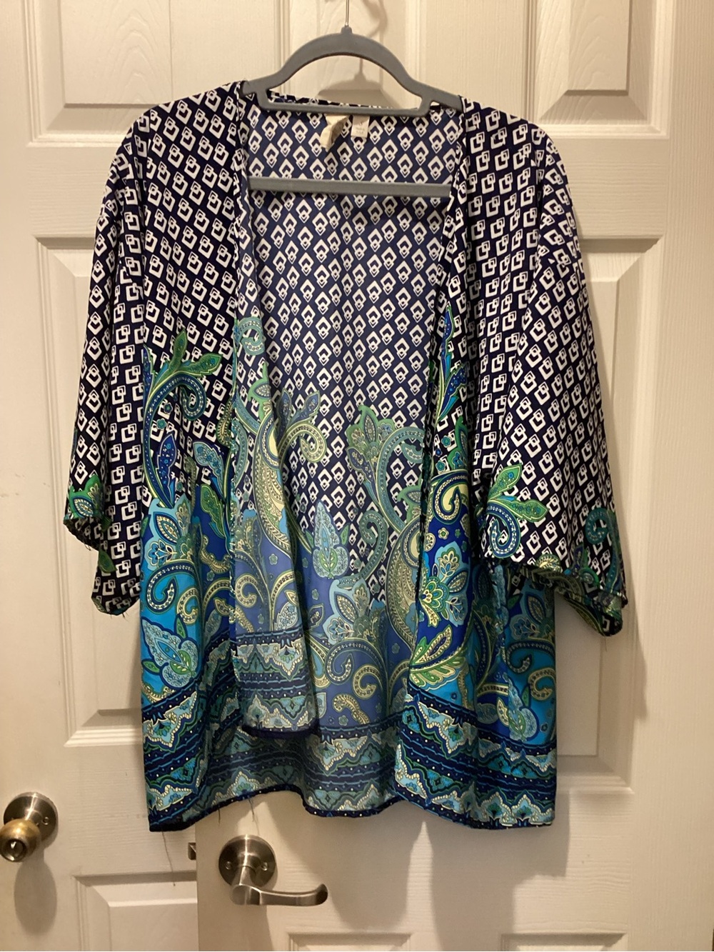 Women's Blue & Green Paisley Open Kimono Cardigan